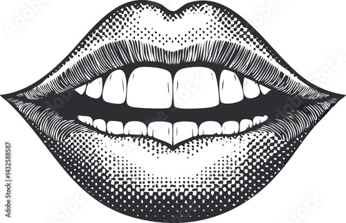Monochrome Vector Artwork Featuring Anatomical Accuracy of a Smiling Mouth, Detailed Lips, and High Contrast Dot Work Vintage Style Dental Illustration