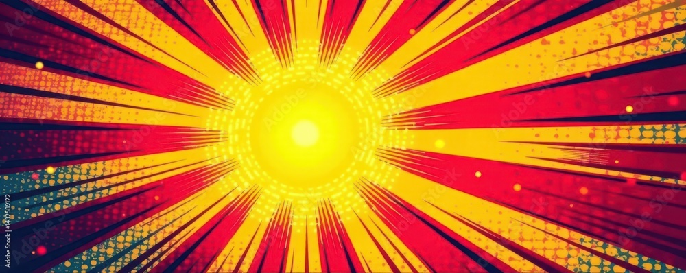 Fototapeta premium Vibrant sunburst, comic halftone texture Retro pop art background , gradient, explosion, pattern