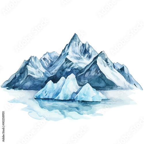 Mountain Range Covered In Shimmering Ice, watercolor vector, isolated on a white background.
