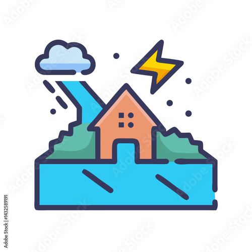 House flood, lightning, rain cartoon. Natural disaster illustration