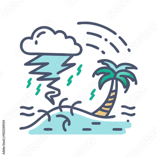 Tropical Storm Illustration: Palm Tree, Thunder, Rain, Beach
