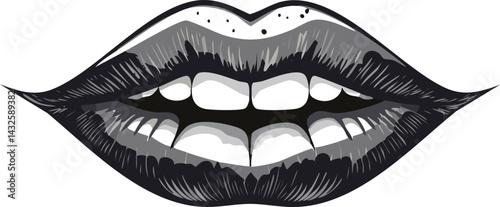 Surreal Vector Artwork of a Mouth with High Contrast Cityscape Reflection, Using Double Exposure and Intricate Line Work to Represent Urban Life and Symbolic Imagery