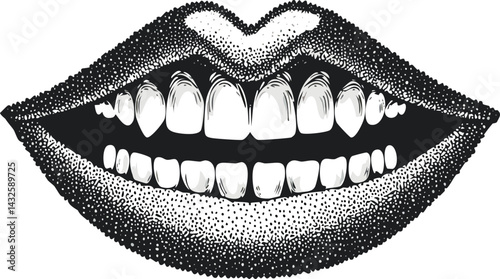 Close Up of Smiling Mouth with Stippled Shading and High Contrast in Black and White Detailed Dental Anatomy in Retro Aesthetic with Bold Graphic Lines