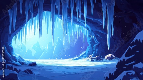 Magical blue ice cave with dripping icicles and distant snowy mountains photo