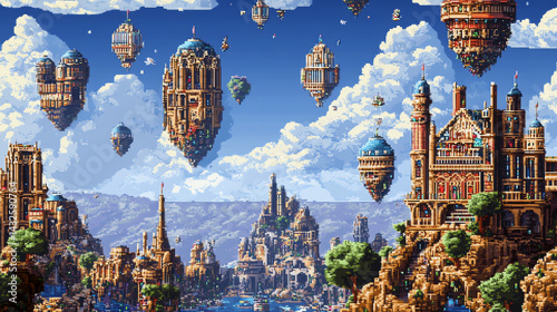 Pixel Art Depicting a Fantasy Floating City with Detailed Architecture