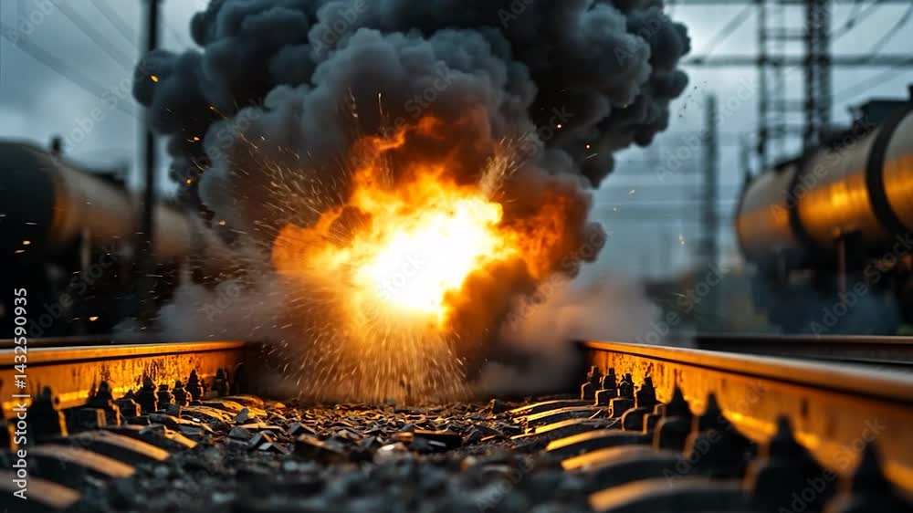 Dramatic video showing an explosion on railway tracks with a dark cloud of smoke and fire sparks near the train cars