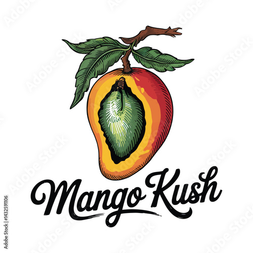 Colorful mango kush vector illustration with leafy branch and retro typography for t shirt design vector images
