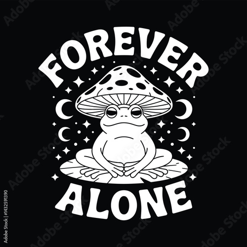 Forever alone frog meditating under mushroom t shirt design vector images,surrounded by stars and moons