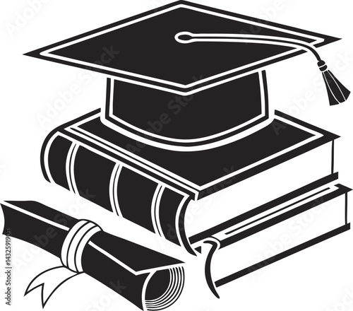 Minimalist icon of education symbol with graduation cap, academic gown, and books in black and white silhouette vector