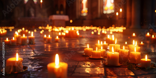 Multiple Candles Lighting a Church Pathway. 

