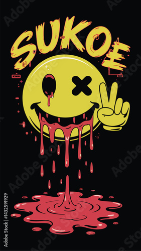 Creepy graphic yellow smiling face dripping blood with peace sign t shirt design vector images