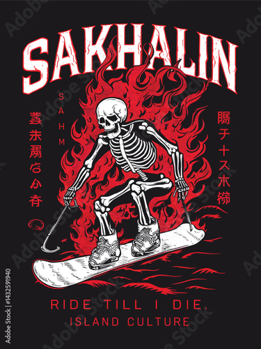 Sakhalin island skeleton snowboarding adventure red flames t shirt design vector images