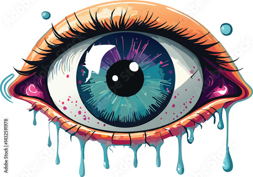 Hyper Detailed Vector Illustration of a Surreal Eye with Vibrant Teal Iris, Dramatic Eyelashes, and Glossy Water Droplets in a Pop Art Style with Dot Work and Fantasy Elements