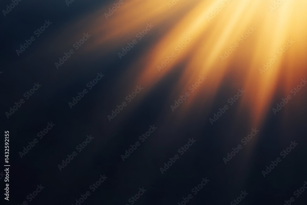 Obraz premium Golden sun rays gently pierce through darkness, forming a radiant, soft glow ideal for backgrounds and overlays in creative projects