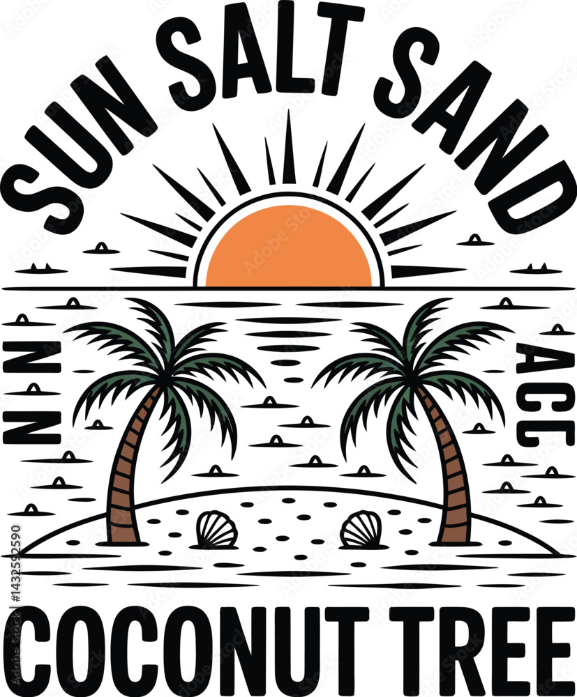 Naklejka premium Summer vacation island beach scene with coconut trees t shirt design vector images