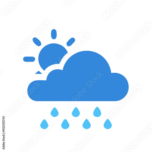 Blue Icon of Sun Behind Cloud with Rain