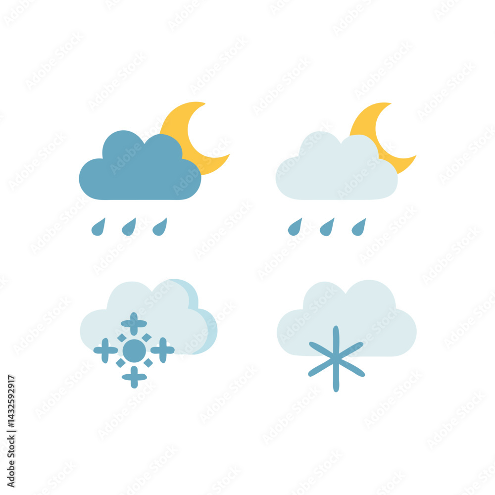 Obraz premium Weather Icons Set: Rain, Snow, Moon, and Clouds