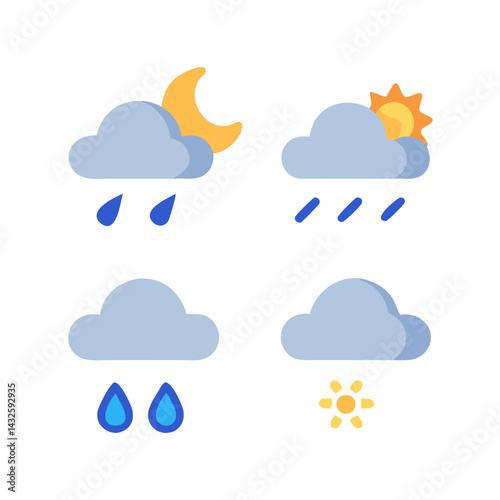 Weather icons set: clouds, sun, moon, and rain