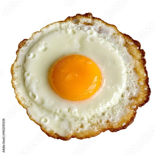 Egg sunny side up or fried chicken egg on a white plate. The edges are overcooked and crispy.