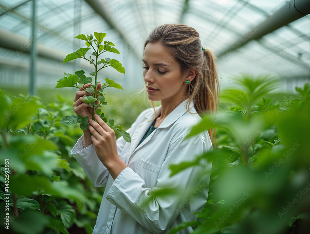 The image shows a person wearing a white lab coat, standing in a greenhouse