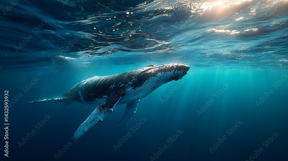 Naklejka premium Graceful humpback whale swimming peacefully beneath the ocean surface