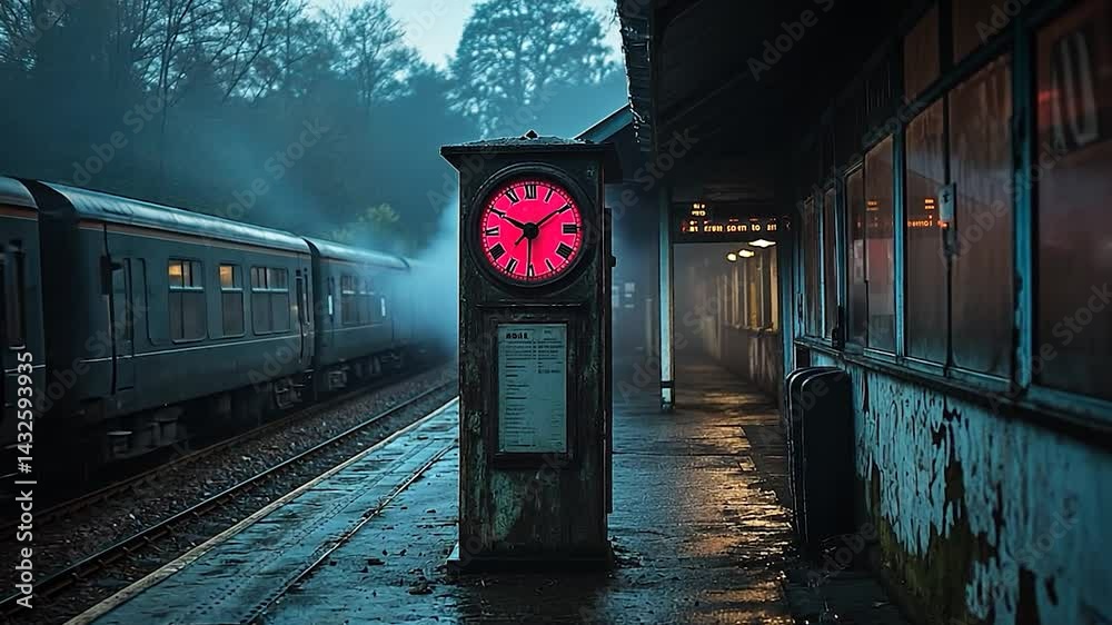 Old railway station illuminated by red clock in moody atmosphere with train and blurred building background under rainy weather