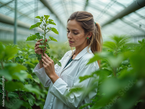 Obraz na płótnie The image shows a person wearing a white lab coat, standing in a greenhouse w salonie