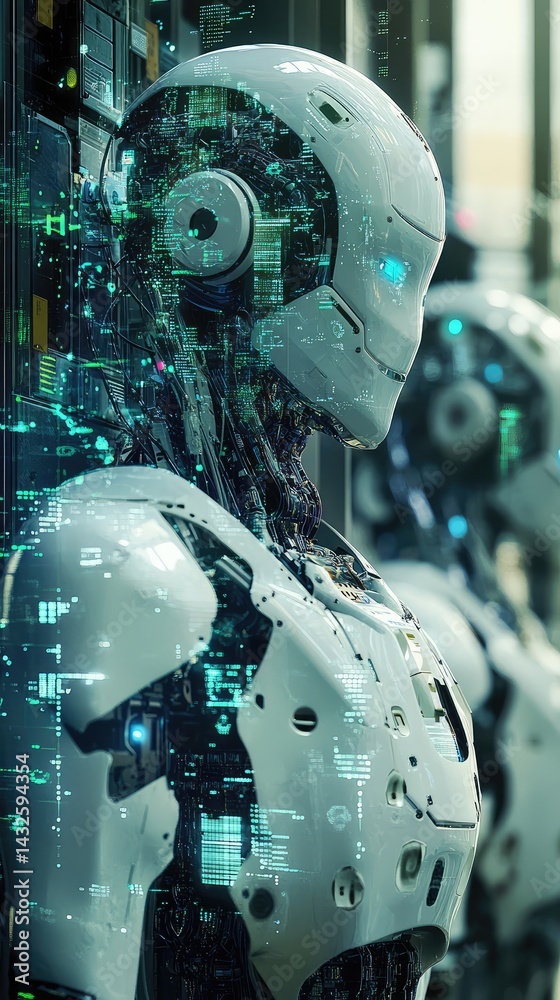 Fototapeta premium A robot with a blue face stands next to another robot