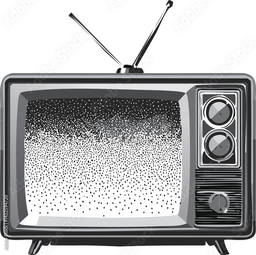 Classic Vintage Television Set with Grayscale Static Screen, Yellow Dials, and Minimalist Design Detailed Retro Electronics with Rabbit Ears