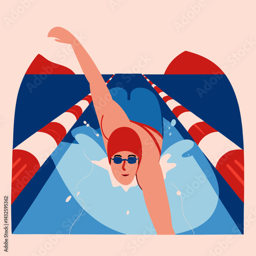 Swimmer doing freestyle stroke in pool in colorful flat illustration
