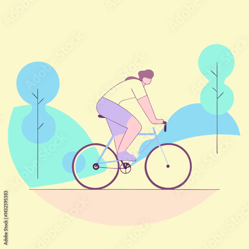 Woman riding bicycle through park in pastel flat illustration