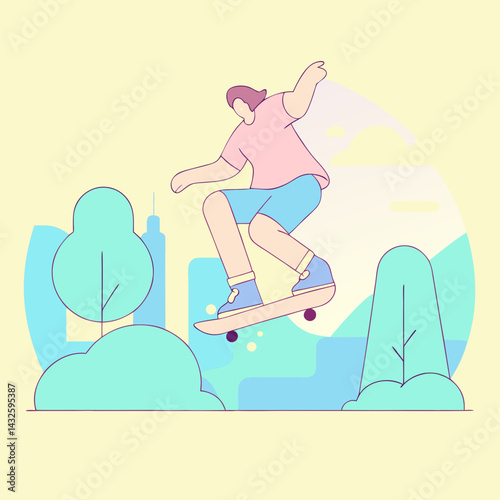 Person skateboarding and jumping in park in pastel flat illustration