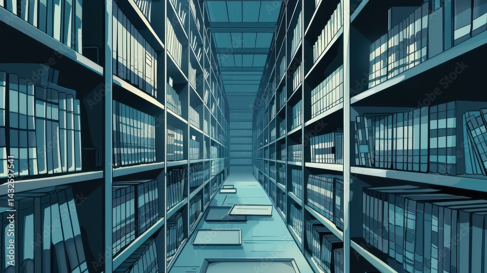 Obraz premium Celebrating international archives day with endless library shelves and historic texts. Horizontal banner. Copy space. World Library Day. Flat illustration
