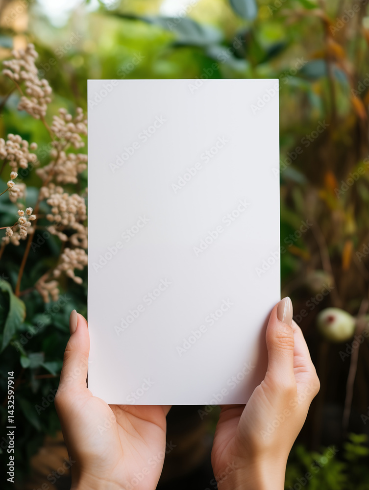 Hands holding blank card in garden with greenery Hands holding blank card in garden with greenery