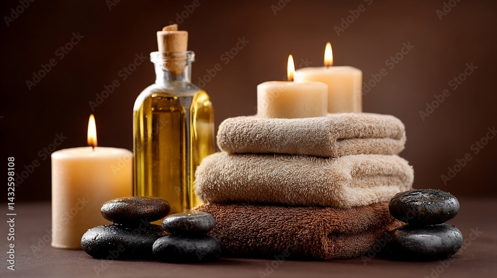 Spa setting with candles, oil, and towels