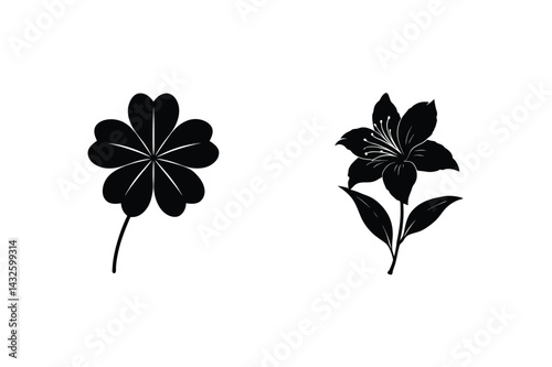 Silhouette Of Four Leaf Clover And Lily Flower Simple Vector Illustration