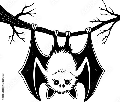 Fluffy Little Bat Hanging Upside Down from Tree Branch - Cute Minimalist Vector Illustration with Transparent Background, Perfect for Stickers, Apparel, and Various Creative Designs