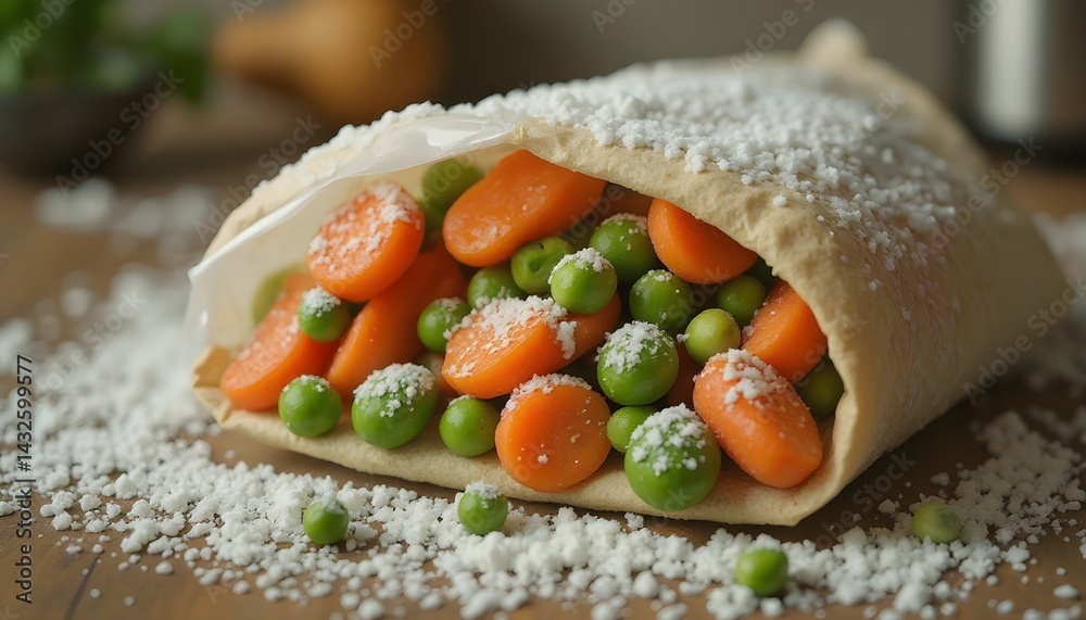 A delicious pastry filled with sweet carrots and peas, lightly dusted with flour. A simple yet appetizing vegetarian dish.