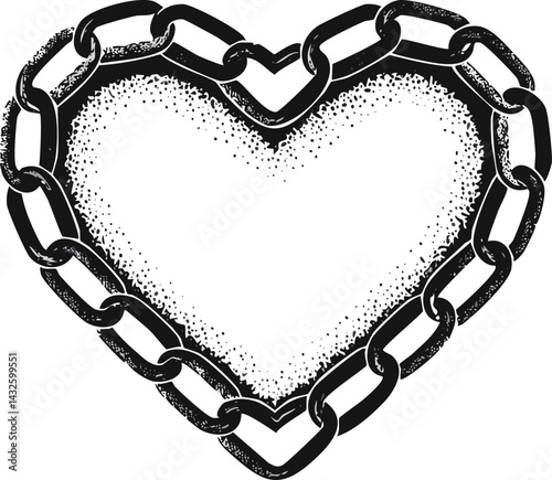 Industrial Style Heart Icon Formed by Interlinked Chains, Symmetrical Black and White Artwork Representing Love and Unity with a Bold, Modern Aesthetic