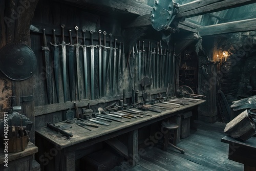 Ancient Swords in Medieval Blacksmith Workshop