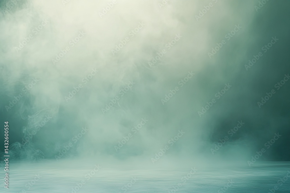 Fototapeta premium A soft mint glow surrounds a gray studio backdrop in near silence.