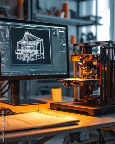 3D printer is actively printing design displayed on computer screen in modern workspace. setup includes monitor showing CAD software with detailed structure, creating tech savvy atmosphere