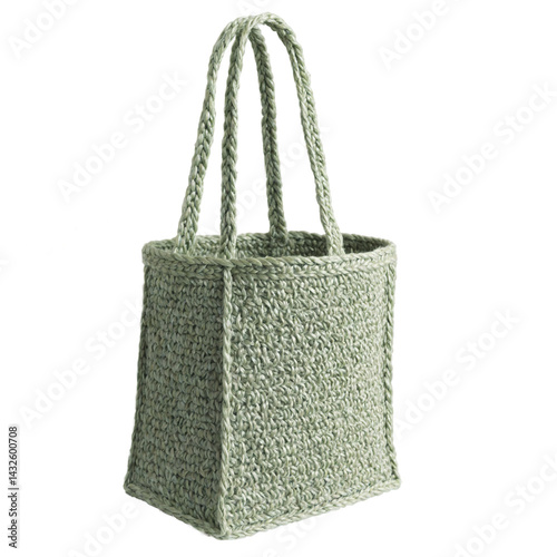 Green jute tote with visible fiber weave texture clothing display transparent background isolated png stock