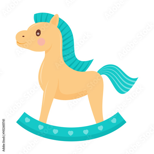 Cute cartoon toy, rocking horse with a turquoise mane and tail. Ideal for childrens designs, toys, or playful projects
