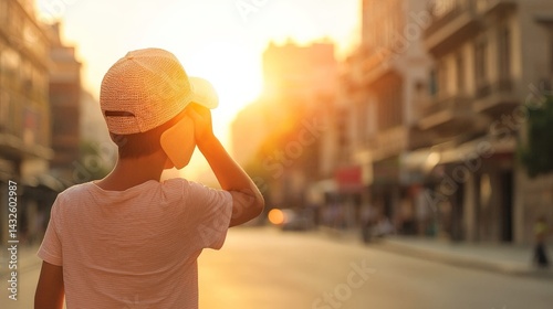 Addressing Climate Change and the Impact of Global Warming, A child enjoys a sunset view in a quiet urban street, capturing a moment of tranquility.