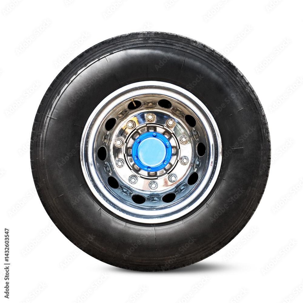 Fototapeta premium Truck Wheels Tire on White Background, Chrome Rims, Alloy Wheels. Big rig, Semi Trailer Truck Wheels. Freight Truck Logistics Transport.