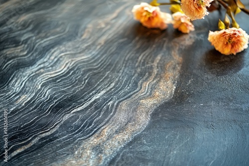 Close-up view of a dark stone surface with flowing patterns and subtle highlights. photo