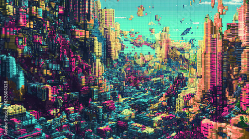 Pixelated city landscape colorful cyberpunk style digital art composition