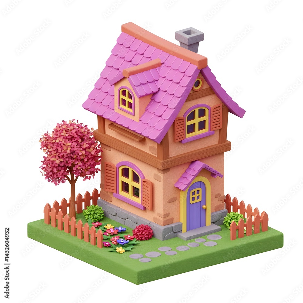 Charming two-story house with a purple roof and a vibrant garden. A whimsical illustration of a perfect home.