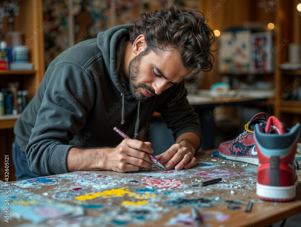 A person is deeply focused on painting a colorful design on a table, surrounded by various art supplies and sneakers